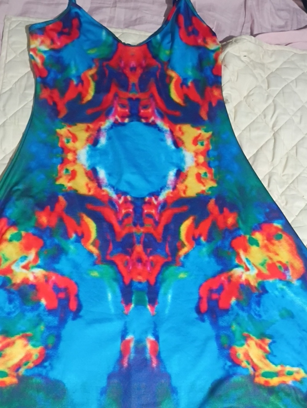 SHEIN Multicolor V-Neck Maxi Slip Dress in Bright Blue and Red